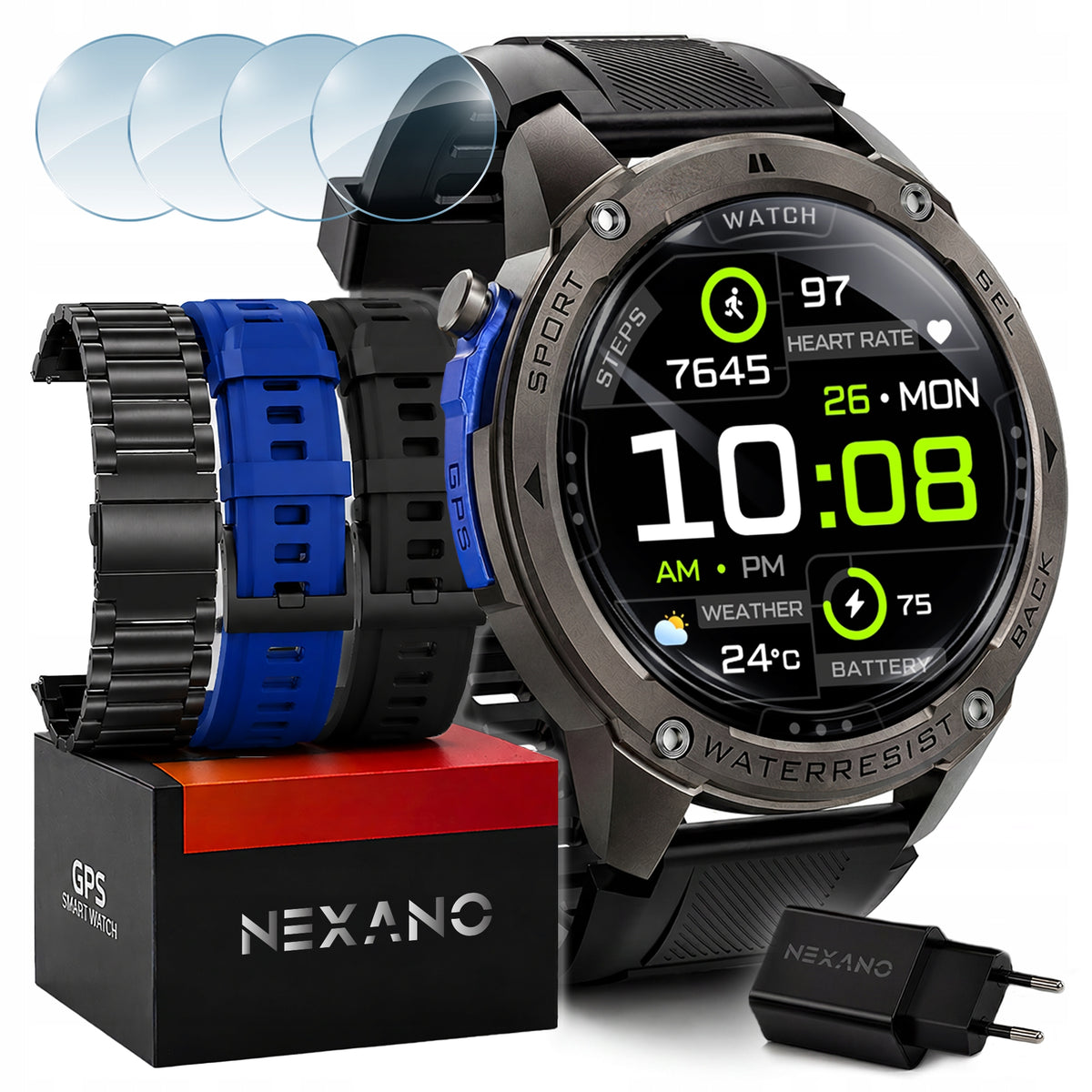 2x Smartwatch Nexano Nx56 Gps Waterproof 5atm Ip69k Amoled Black With Charge