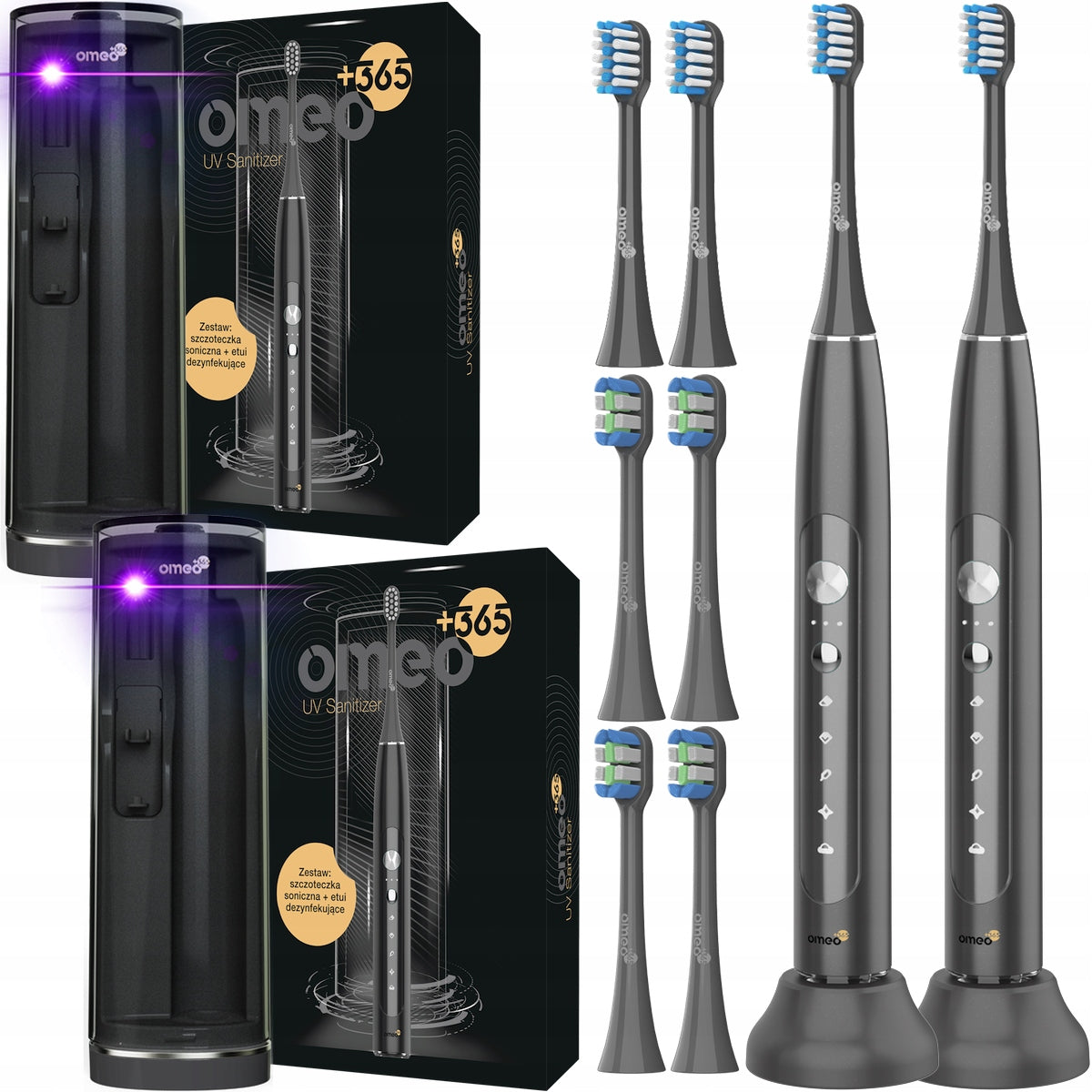 2x Sonic Electric Toothbrush for Teeth OMEO +365 UV Sanitizer Black