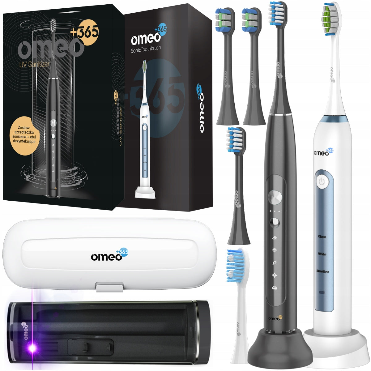 2x Sonic Toothbrush OMEO +365 Classic White + UV Black