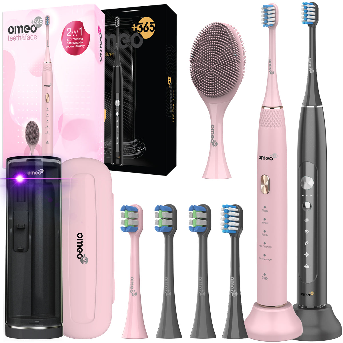 2x Sonic Toothbrush OMEO +365 Set For Couple Black + Pink