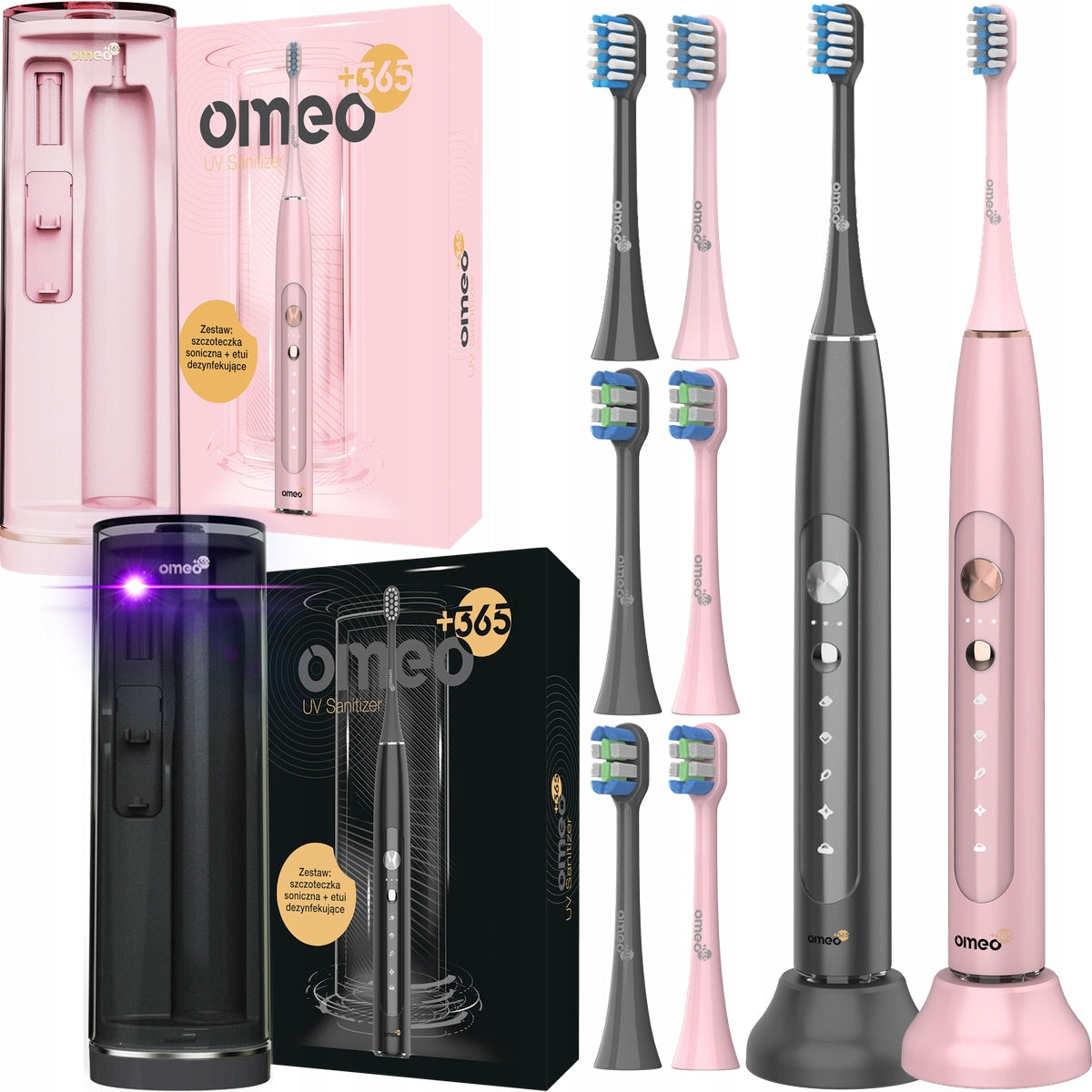 2x Sonic Toothbrush OMEO +365 UV Sanitizer Pink + Black
