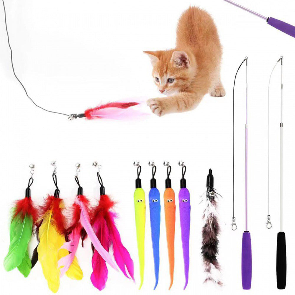2x TELESCOPIC CAT ROD WITH FEATHERS INTERCHANGEABLE TIPS 9 pcs LONG 99cm