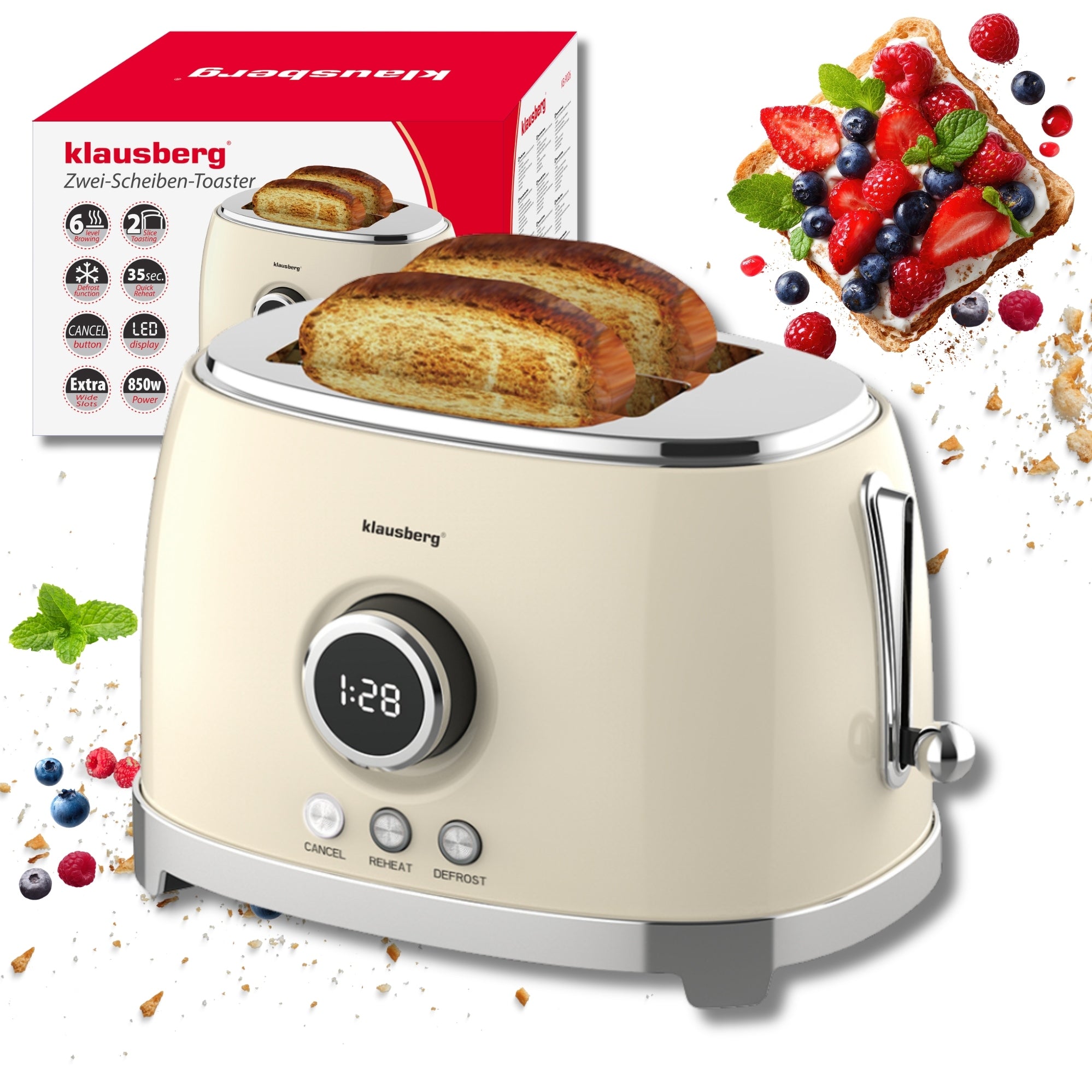 2x TOASTER FOR 2 SLICES LED DISPLAY KLAUSBERG KB-9026 RETRO