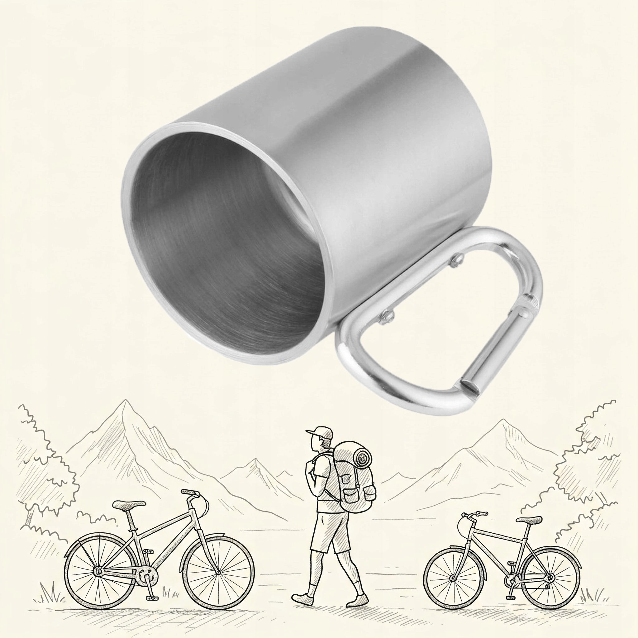 2x TOURIST MUG WITH CARABINER STEEL CAMPING CARABINER 280ML Brand no brand