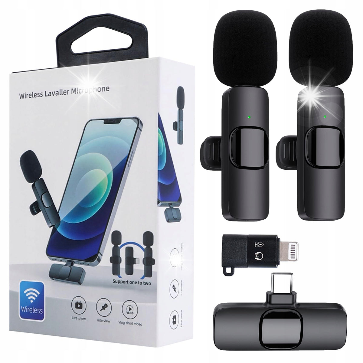 2x WIRELESS MICROPHONE TIE / USB-C RECEIVER + ADAPTER FOR IPHONE
