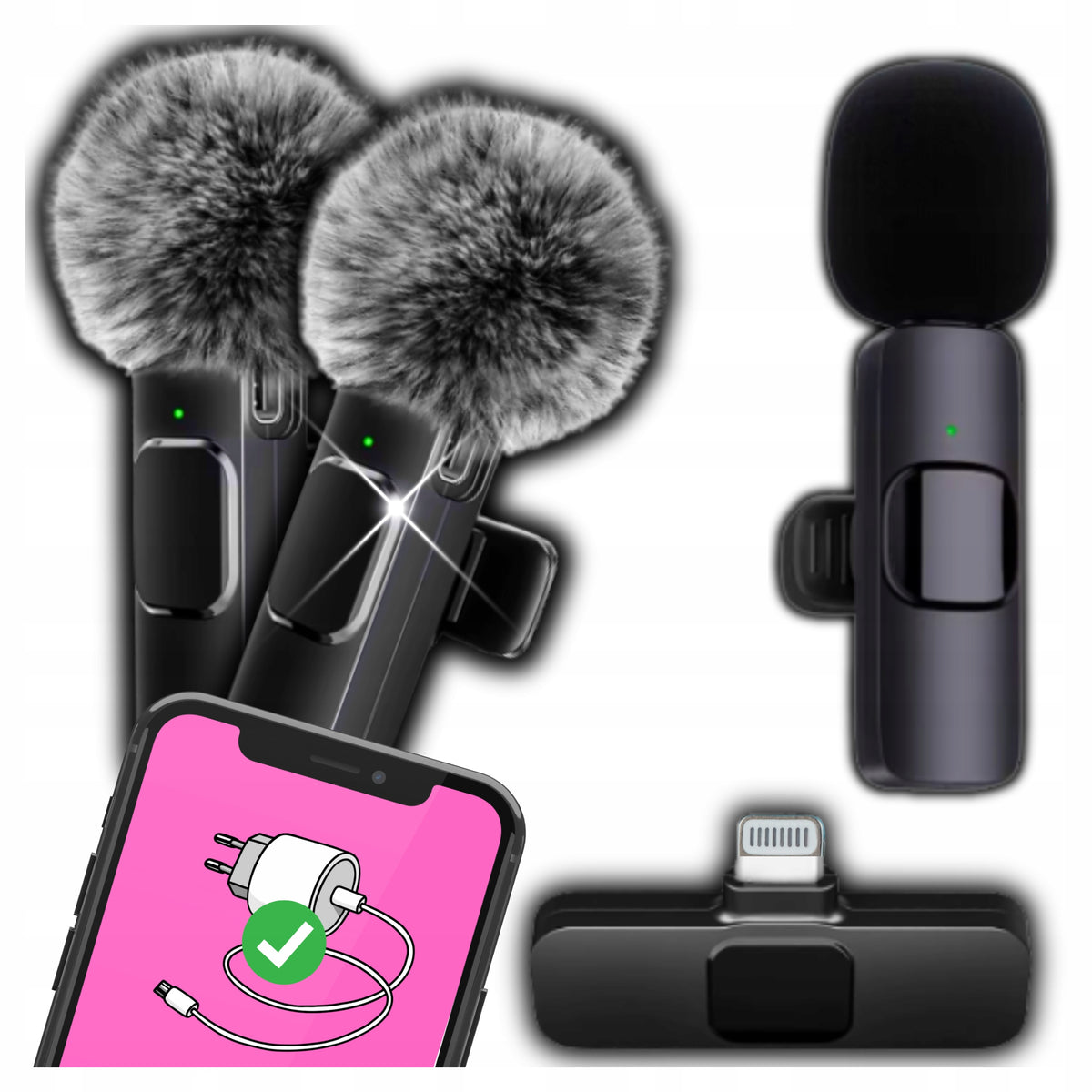 2x WIRELESS TIE MICROPHONE FOR IPHONE 14/13/12/X LIGHTNING FOR CLIP