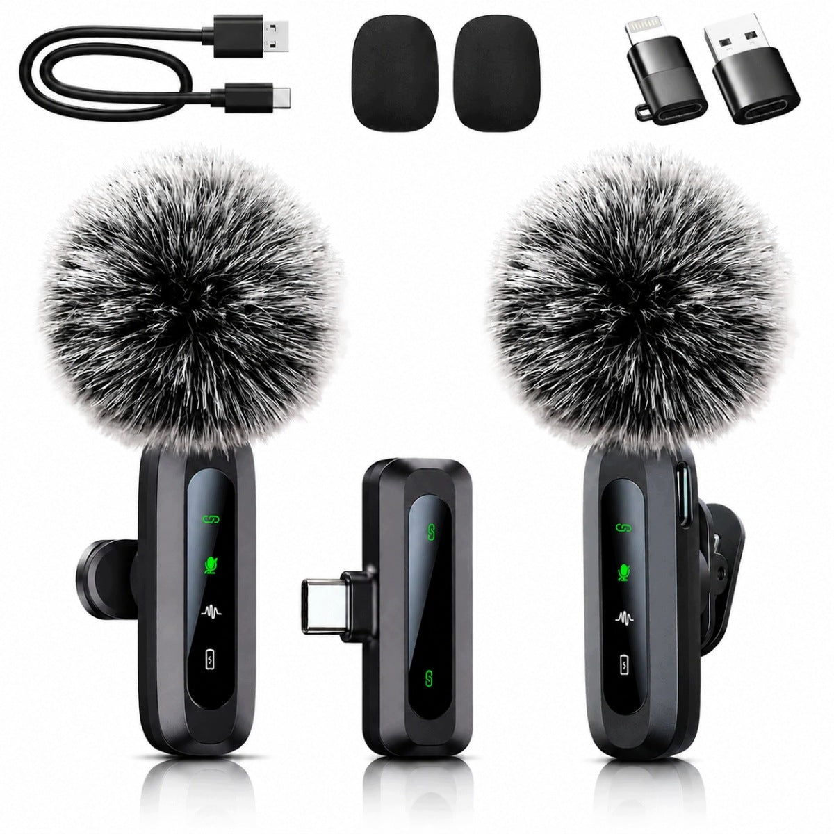 2x WIRELESS TIE MICROPHONE FOR IPHONE PHONE USB-C COMPUTER