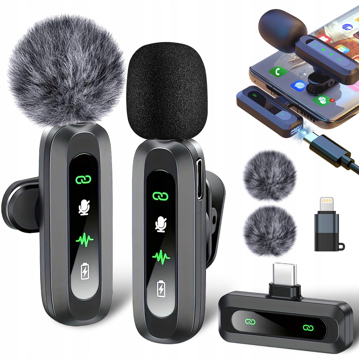 2x WIRELESS TIE MICROPHONE J3 USB-C + 2 WINDPROOF + LIGHTING