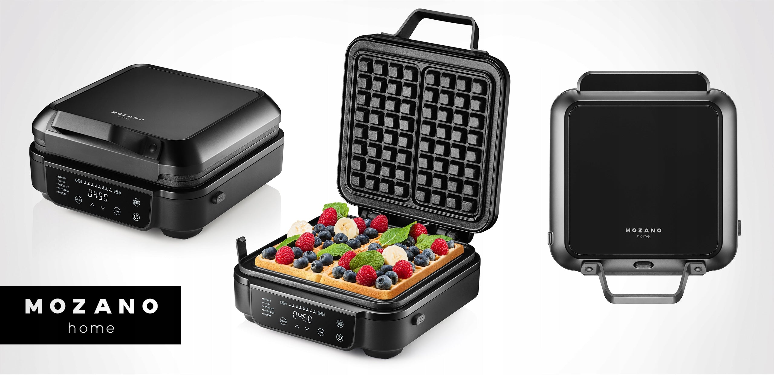 2x Waffle Iron Mozano Genius Black 2 Large Waffles 5 Programs 8 Degrees Baking Brand Mozano