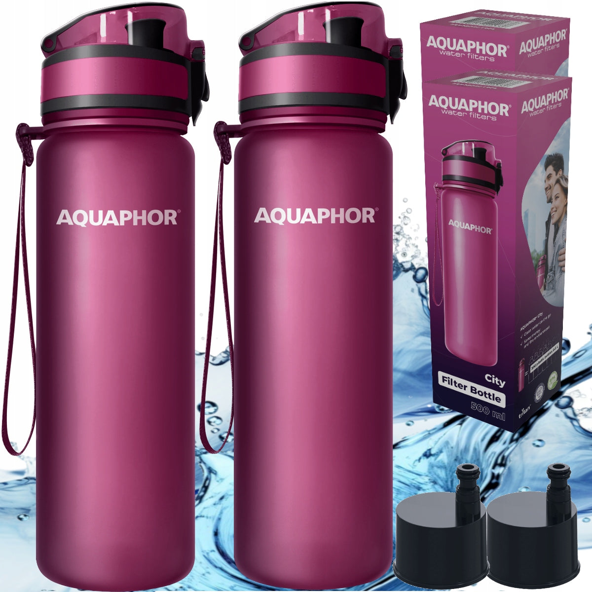 2x Water filter bottle + filter Aquaphor City burgundy 0,5l