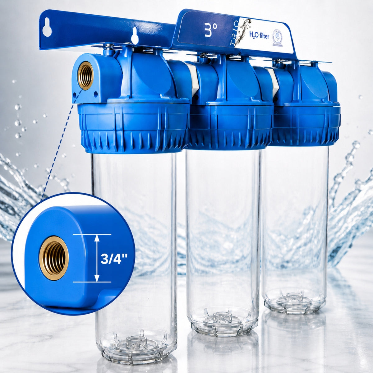 3/4 INCH WATER FILTER THREE-STAGE IN-LINE BODY 10 INCHES 3 PIECE Packaging status original