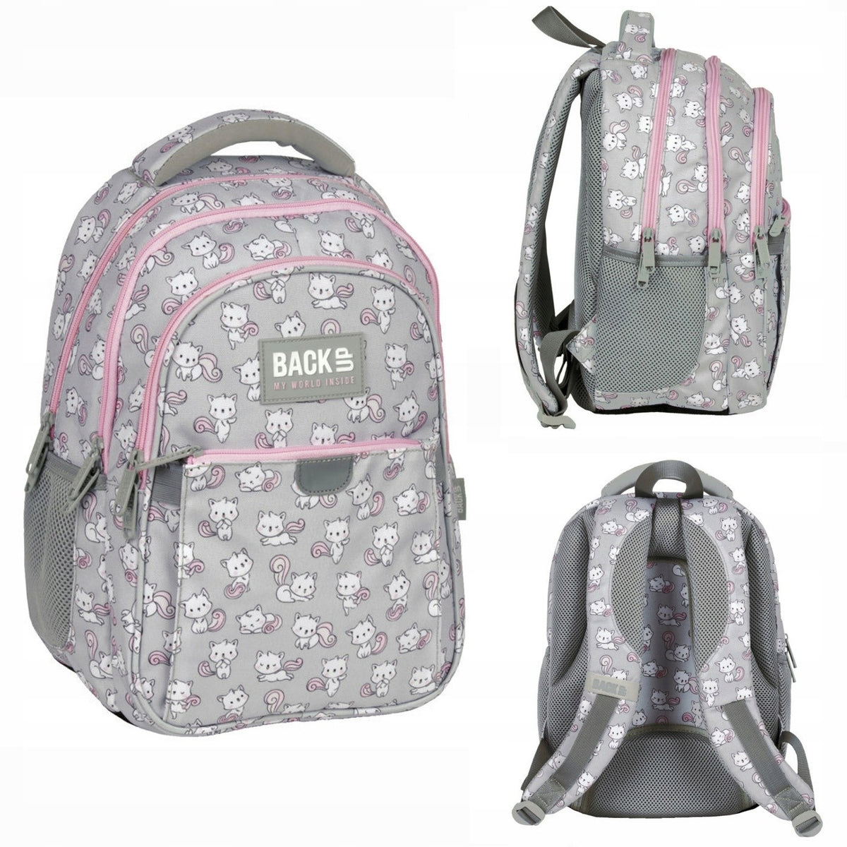 3-CHAMBER SCHOOL BACKPACK 24L DERFORM GREY PINK KITTENS