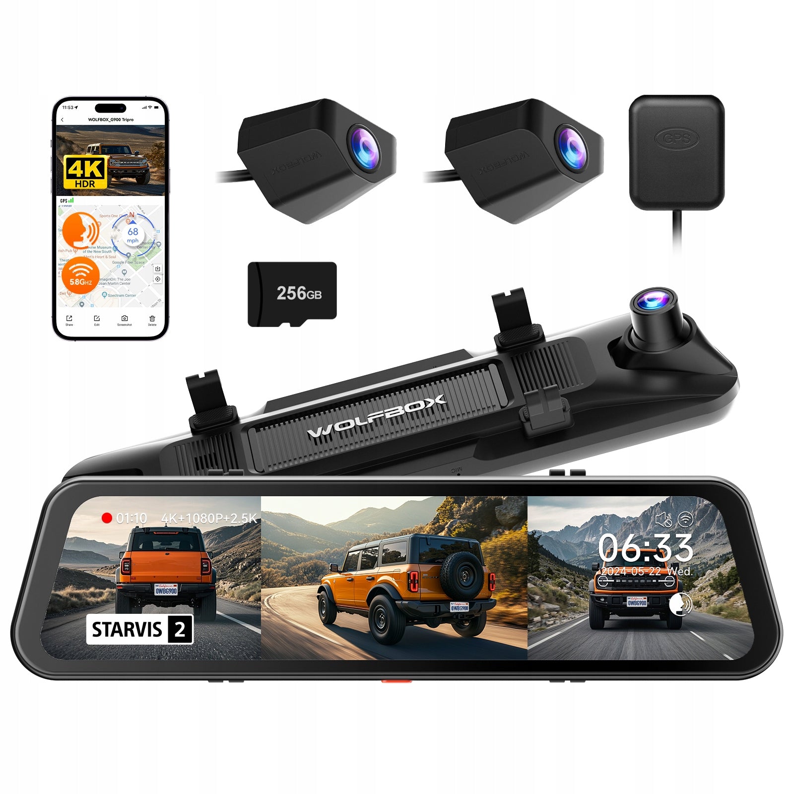 3-Channel 4K Mirror Dash Cam WOLFBOX G900 Tripro, STARVIS, 256GB, GPS Packaging status original