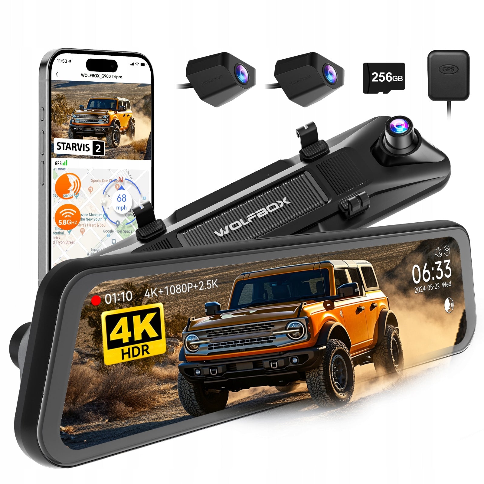 3-Channel 4K Mirror Dash Cam WOLFBOX G900 Tripro, STARVIS, 256GB, GPS