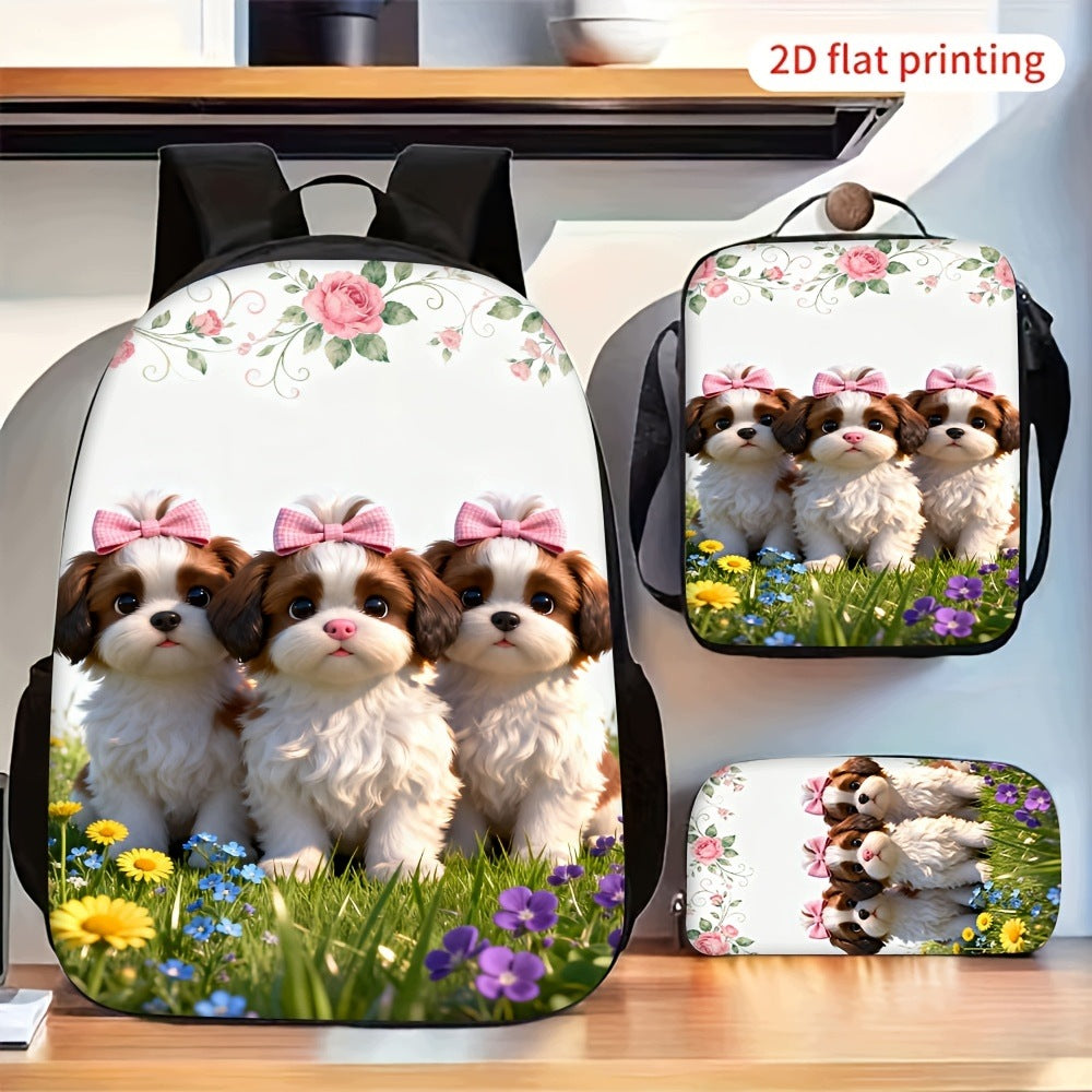 3 Cute Puppies Pink Bow Pattern Backpack Set