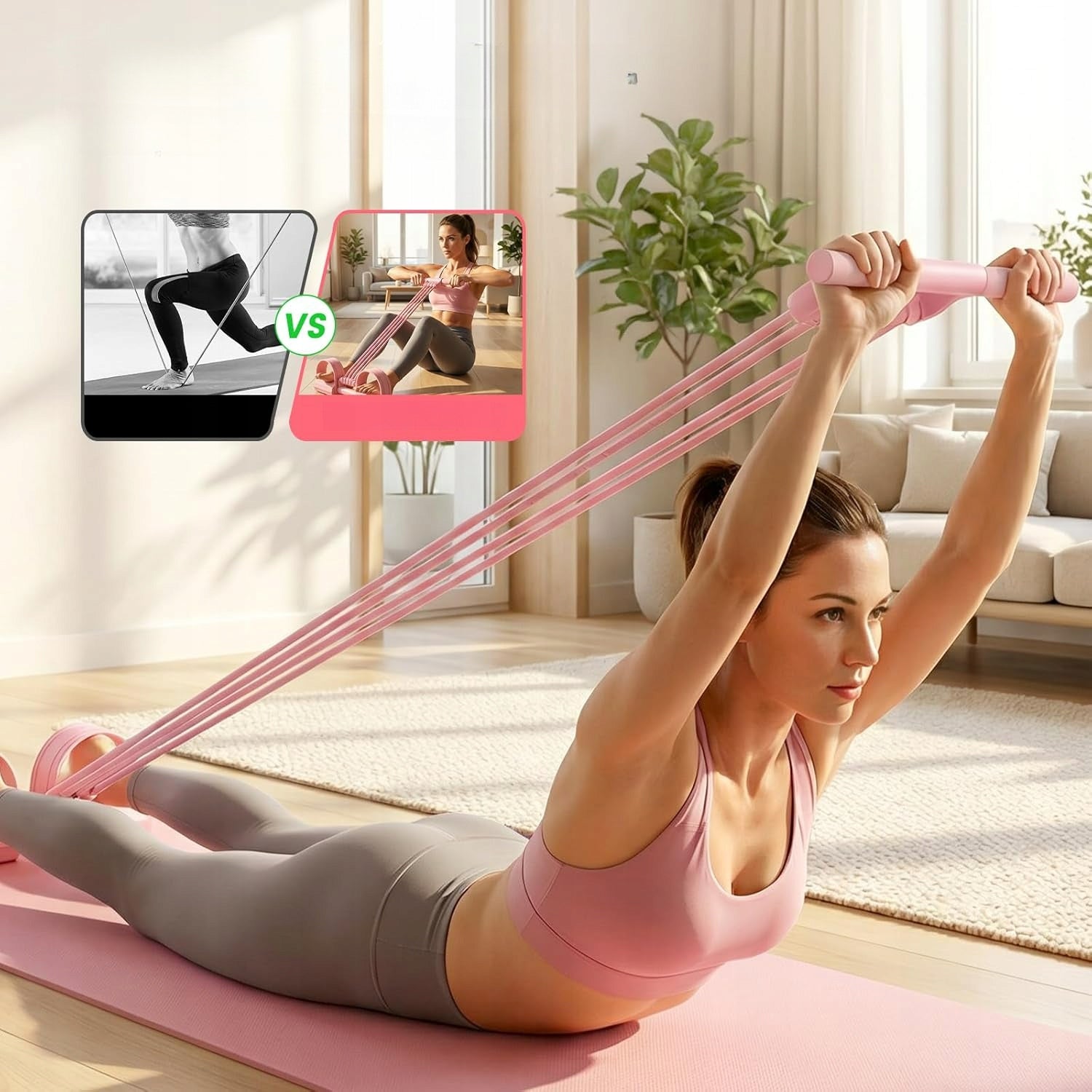 3 IN 1 8-TUBE LEG EXERCISE PULLER WITH PEDALS YOGA ELASTIC ROPE-PINK Model 3W1 TAŚMA OPOROWA Z UCHWYTAMI I PEDAŁAMI NOŻNYMI