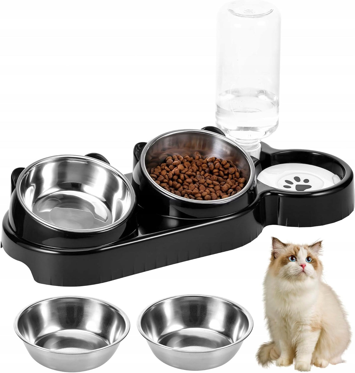 3 IN 1 CAT BOWL WITH WATER DISPENSER RAISED 15 DEGREE BLACK