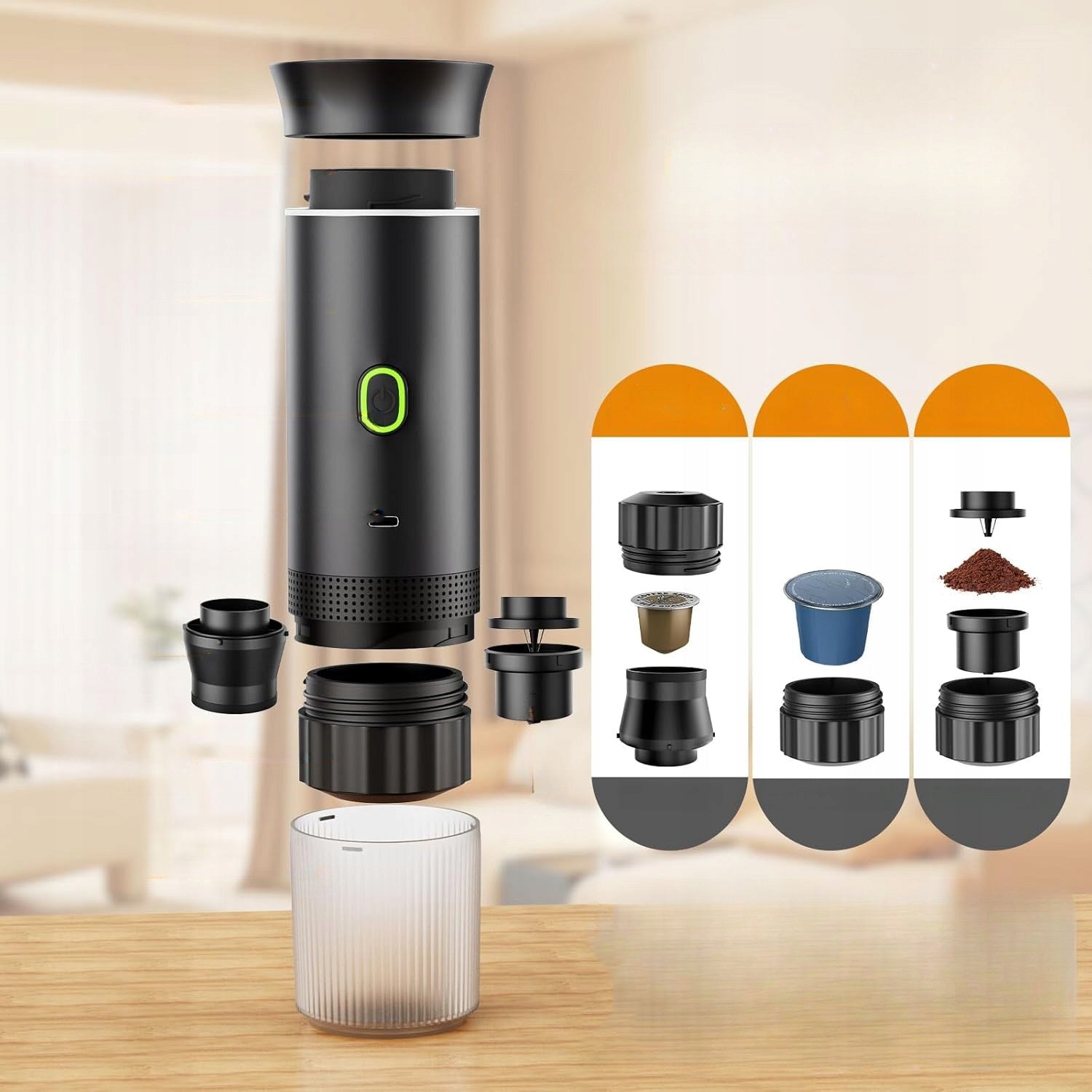 3-IN-1 PORTABLE CAPSULE GROUND COFFEE MACHINE FOR CAR, 7500MAH RECHARGEABLE Packaging status original