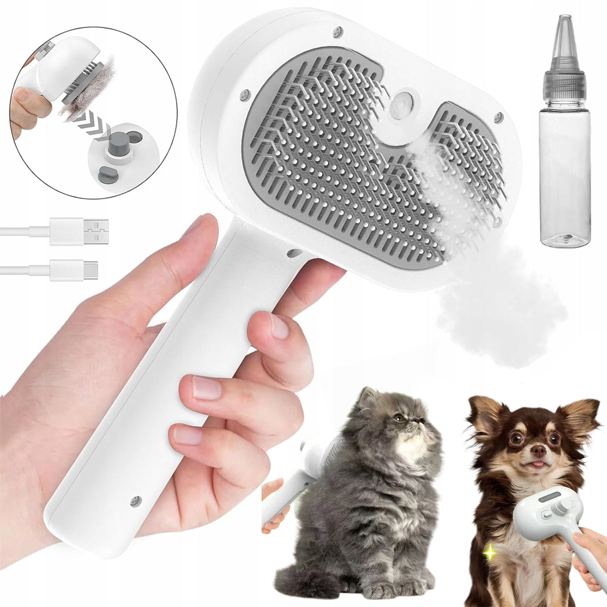3-IN-1 STEAM BRUSH FOR REMOVAL OF DEAD HAIR IN DOGS AND CATS -WHITE Packaging status original