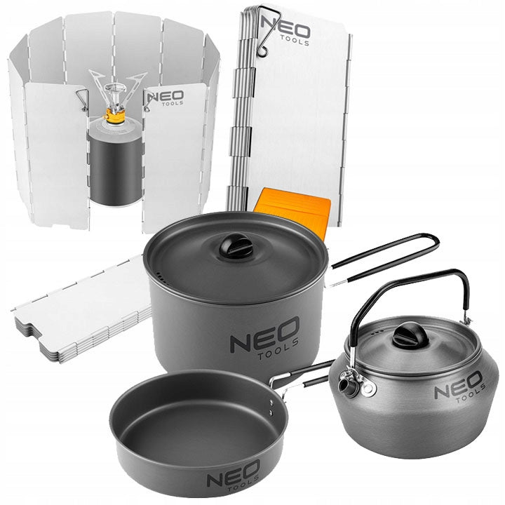 3-IN-1 TRAVEL COOKWARE WITH NEO TOOLS BURNER WINDSHIELD