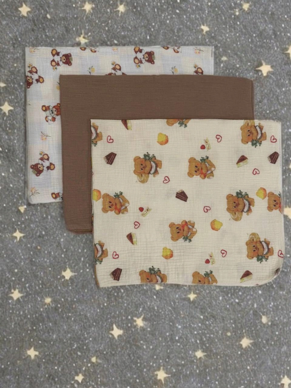 3-PACK MINI DIAPERS MUSLIN 38x38 Cloth BEAR HEARTS BROWN Brand Dartomik