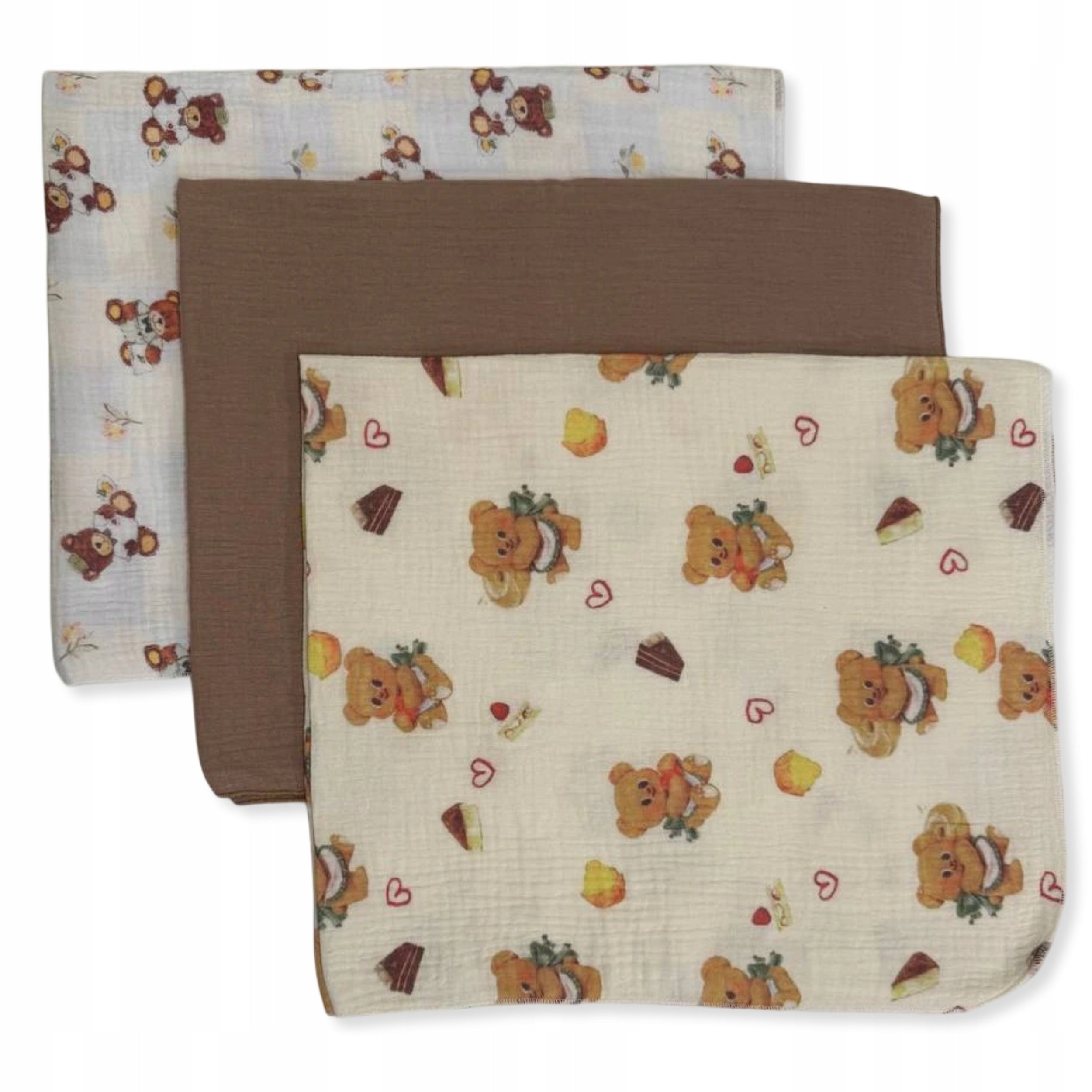 3-PACK MINI DIAPERS MUSLIN 38x38 Cloth BEAR HEARTS BROWN Packaging status original