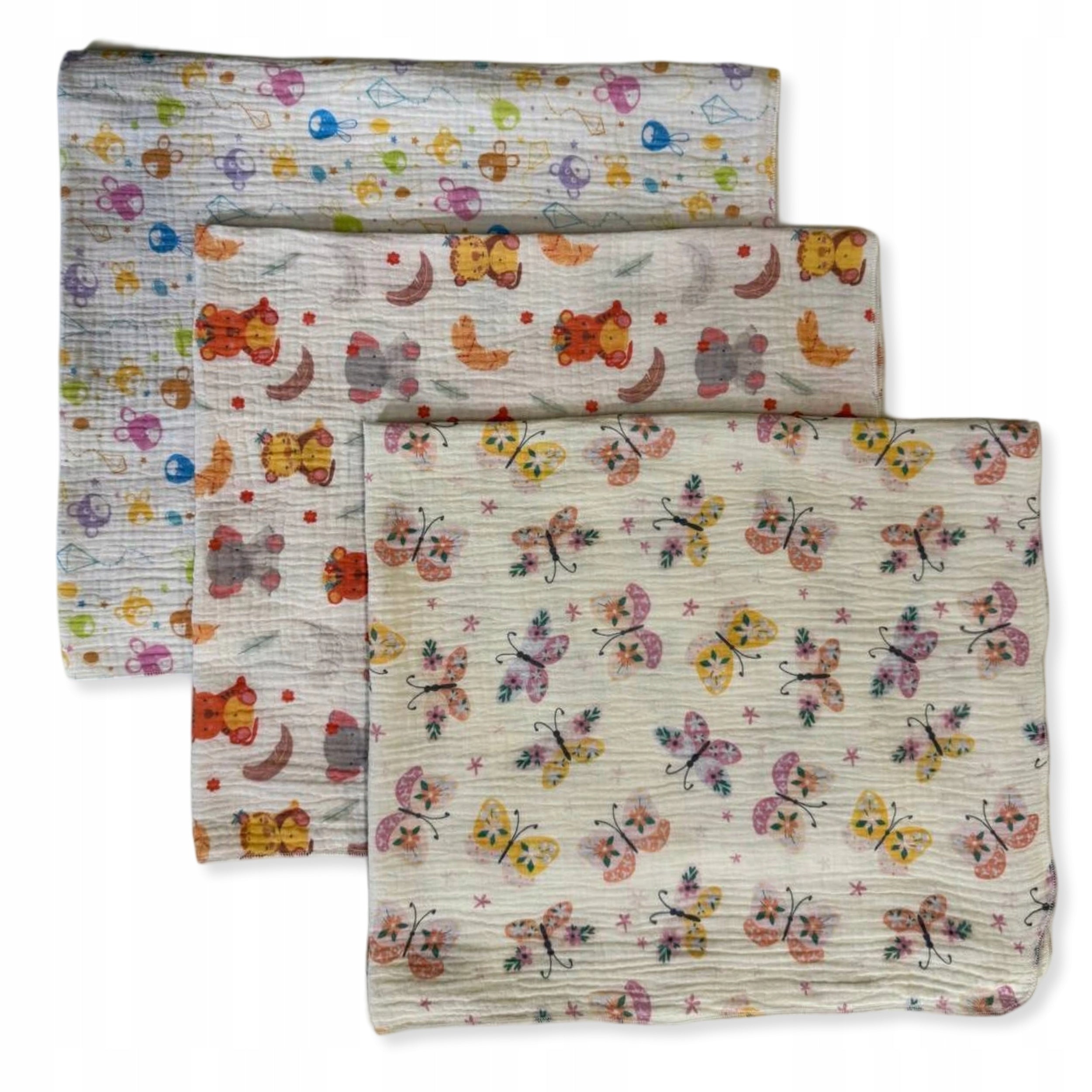 3-PACK MINI DIAPERS MUSLIN 38x38 ClothS BUTTERFLIES ANIMALS Brand Dartomik