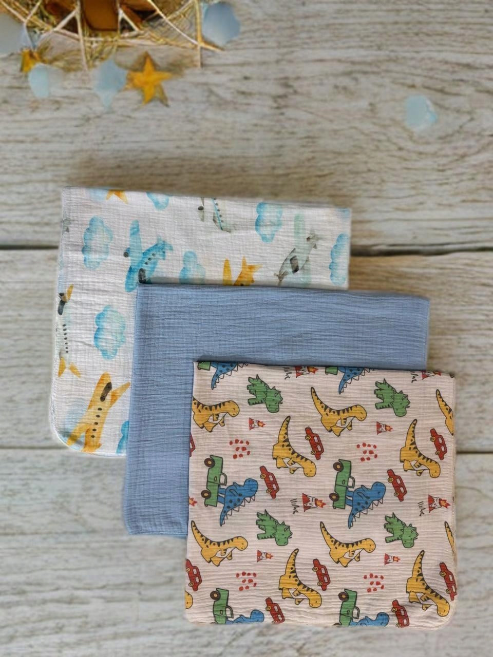 3-PACK MINI DIAPERS MUSLIN 38x38 ClothS CLOUDS DINO BLUE Brand Dartomik