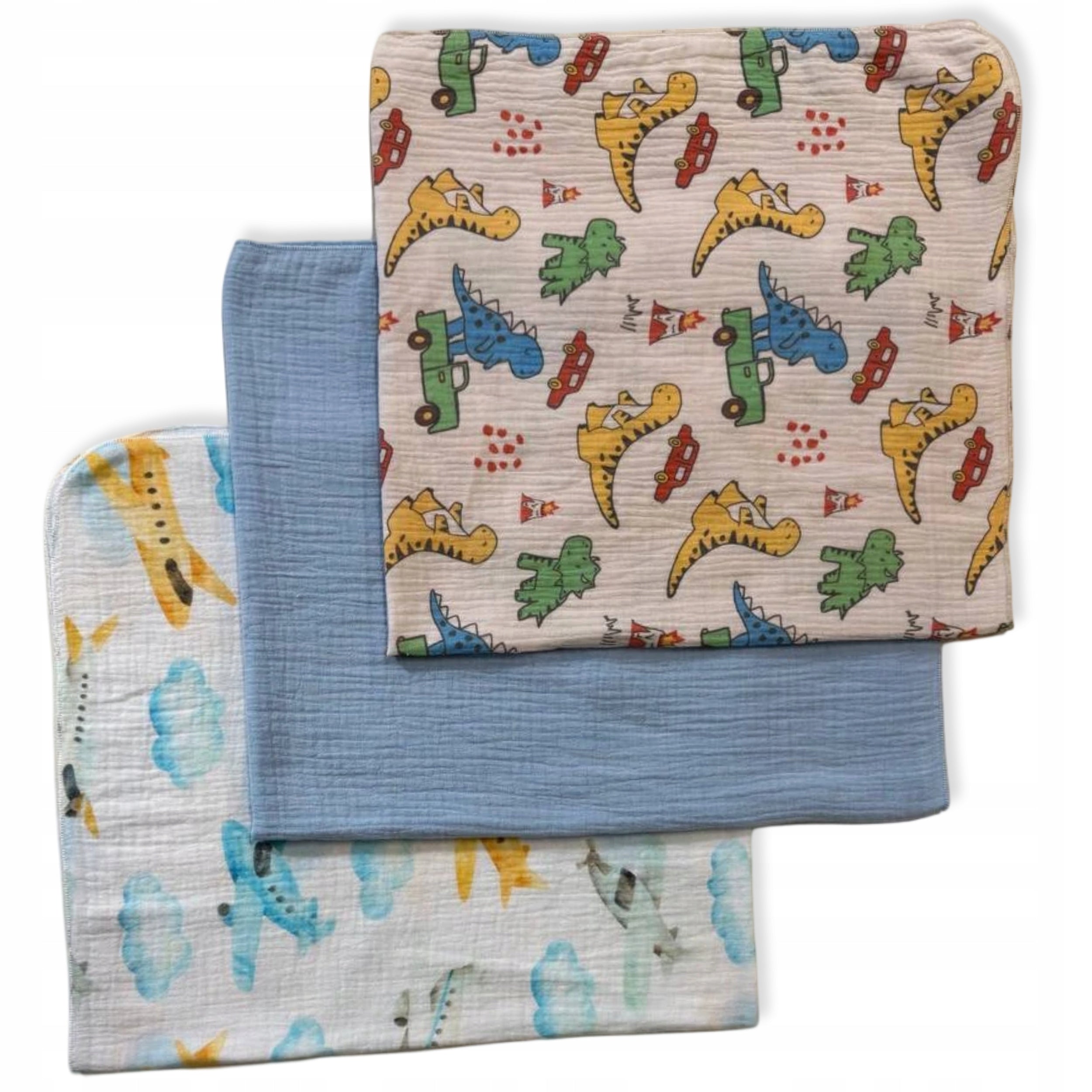 3-PACK MINI DIAPERS MUSLIN 38x38 ClothS CLOUDS DINO BLUE