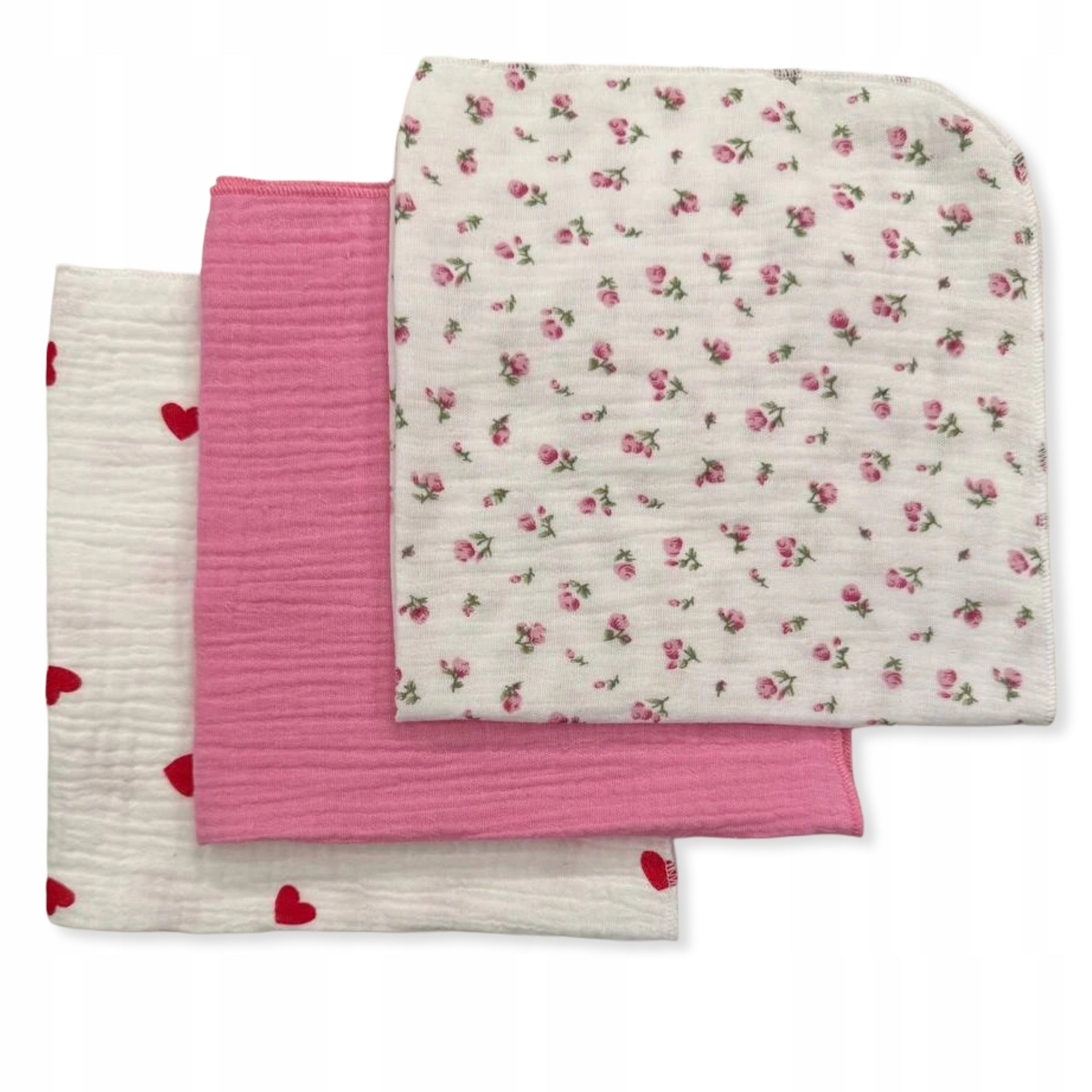 3-PACK MINI DIAPERS MUSLIN 38x38 Cloths ROSES, HEARTS, ROSES
