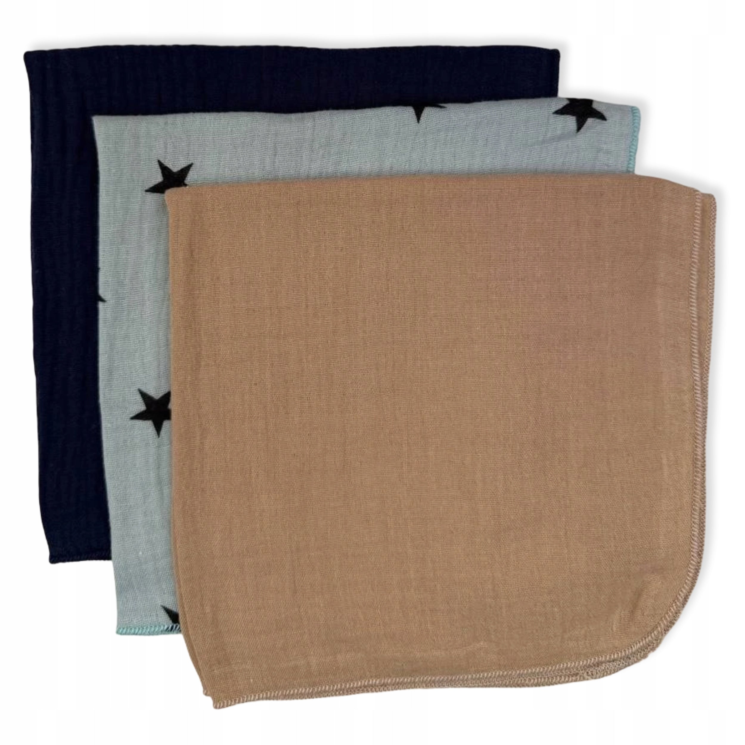 3-PACK MINI DIAPERS MUSLIN 38x38 cloths BEIGE, STAR, NAVY BLUE Packaging status original