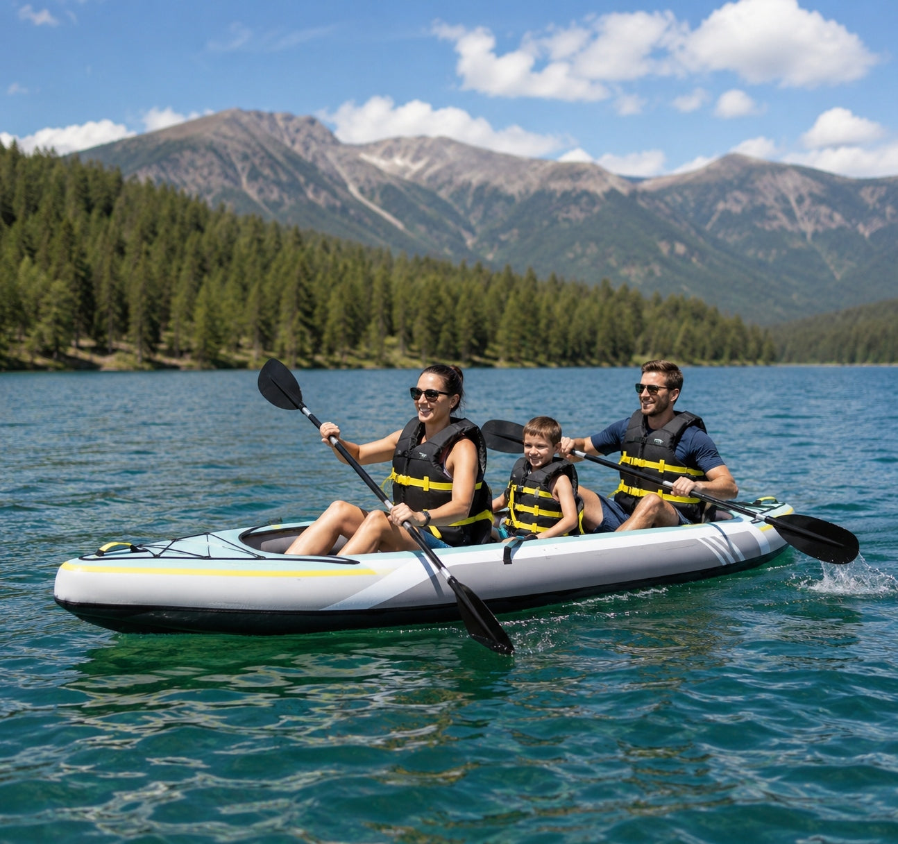 3-PERSON INFLATABLE KAYAK NEWCENTIAL 382 cm 230 kg PADDLE + PUMP + BACKPACK Packaging status original