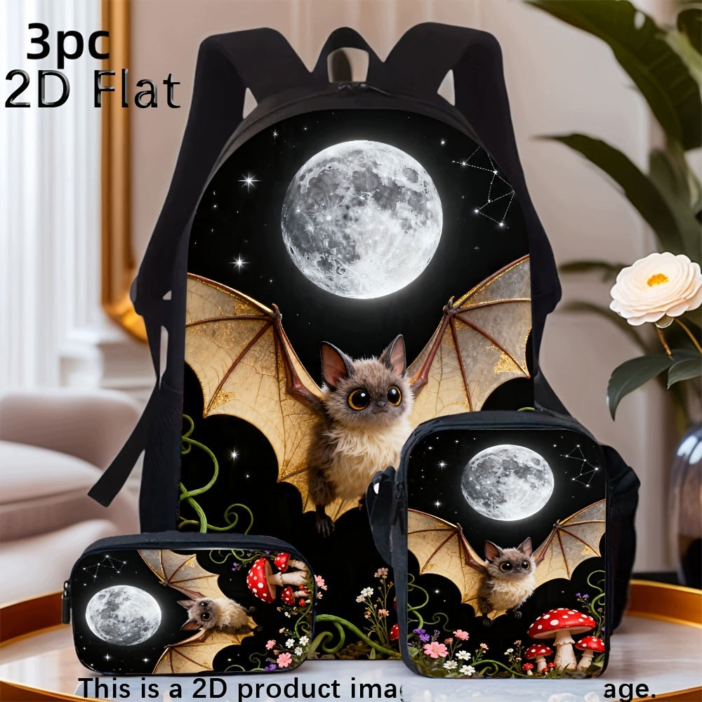 3-Pack Bat Full Moon Mushroom Print Backpack Set Crossbody Bag