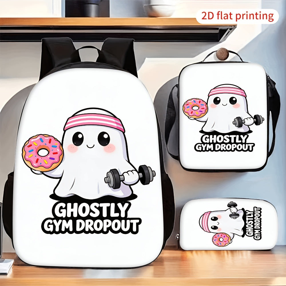 3-Pack Ghostly Fitness Donut Print Backpack Set with Lunch Bag