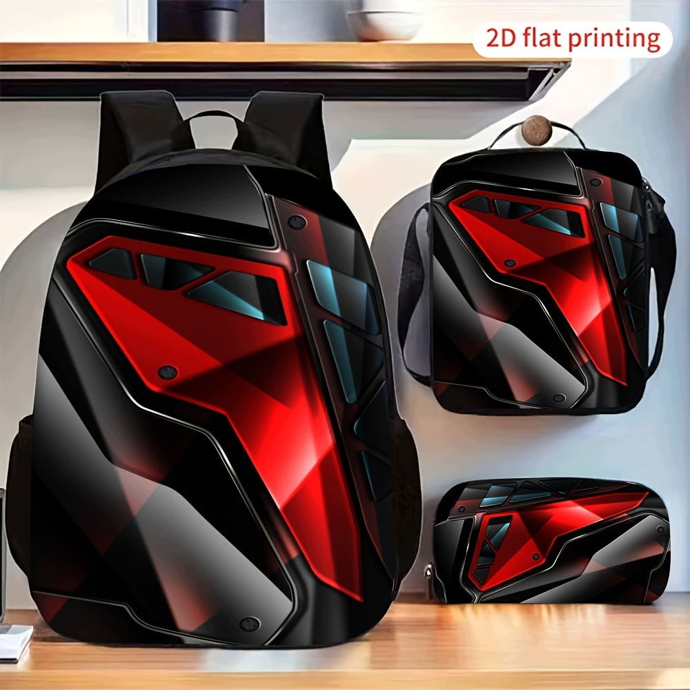 3-Pack Red Black Geometric Mechanical Pattern Backpack Set