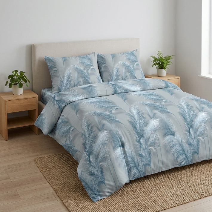 3 Pcs Blue Grey Feather Leaves Microfiber Bedding Set 160x200 Zipper Decor Length of comforter cover 200 cm