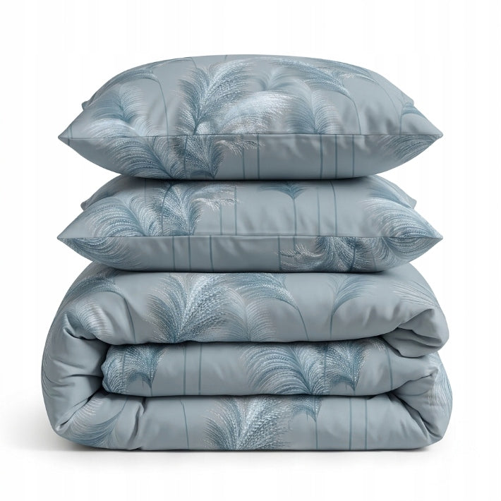 3 Pcs Blue Grey Feather Leaves Microfiber Bedding Set 160x200 Zipper Decor