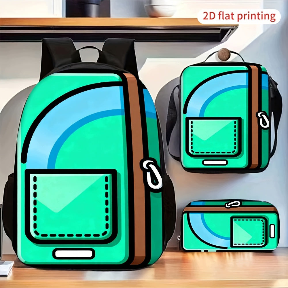 3-Piece Backpack Set - 2D Flat Printing, Cartoon Graphic Pattern, Fashionable Design