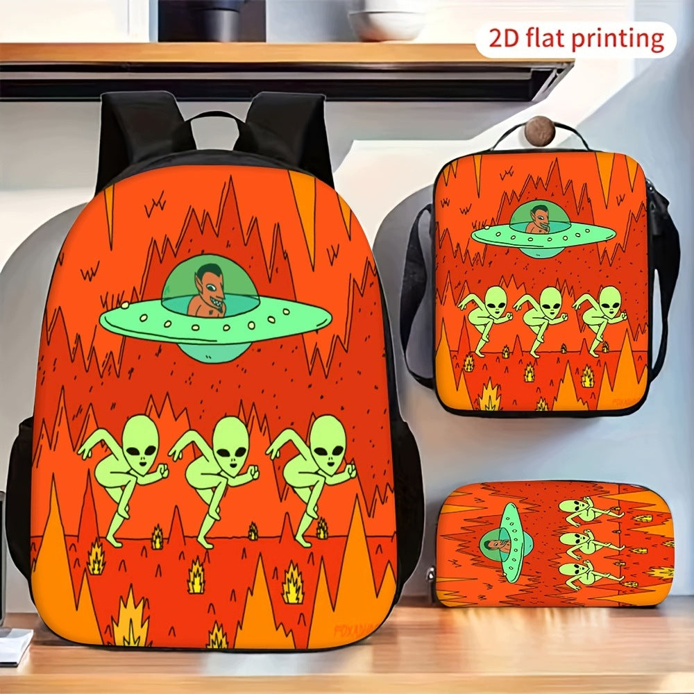 3-Piece Backpack Set: Alien Dancing UFO Pattern Crossbody Bag & Case