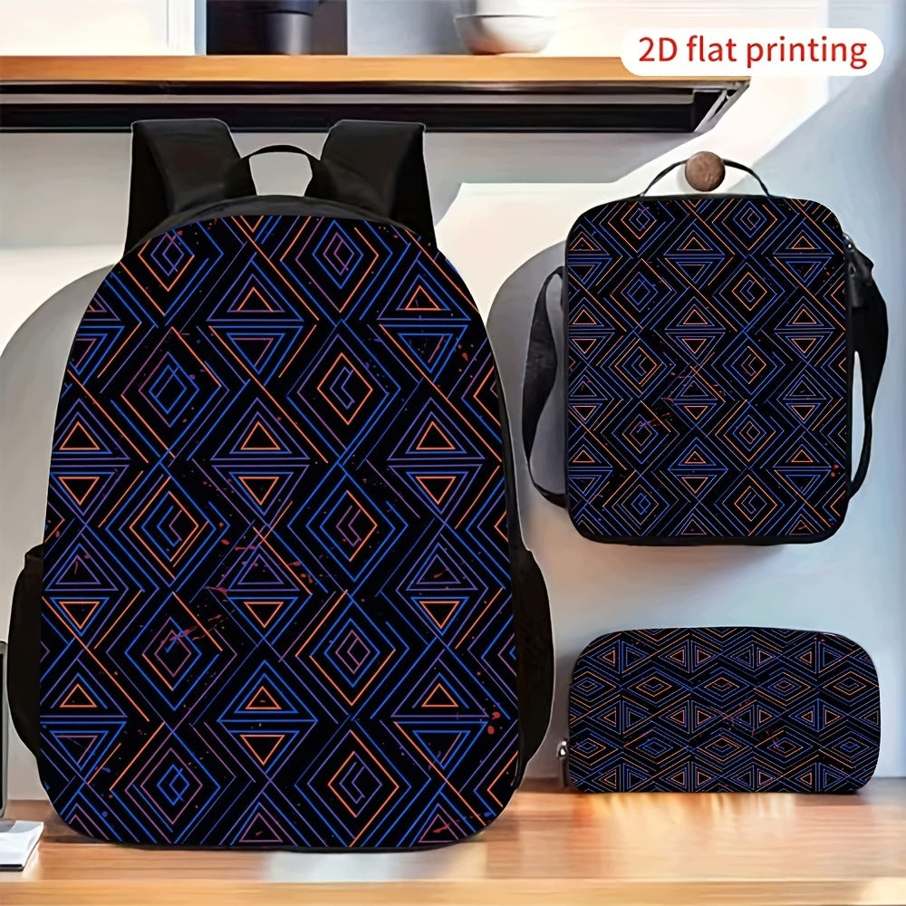 3-Piece Backpack Set - Blue, Orange Geometric Diamond Print with Crossbody Pouch
