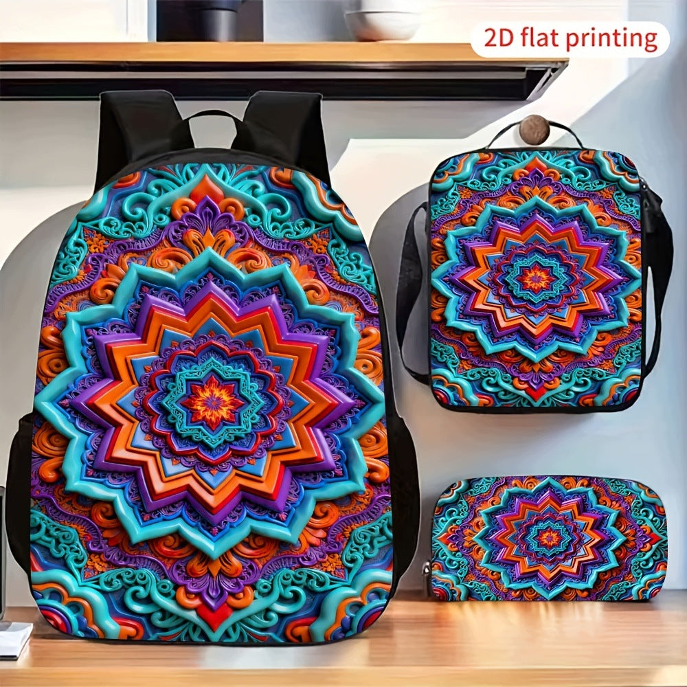 3-Piece Backpack Set: Colorful Mandala Star Design (Backpack, Crossbody Bag, Pouch)