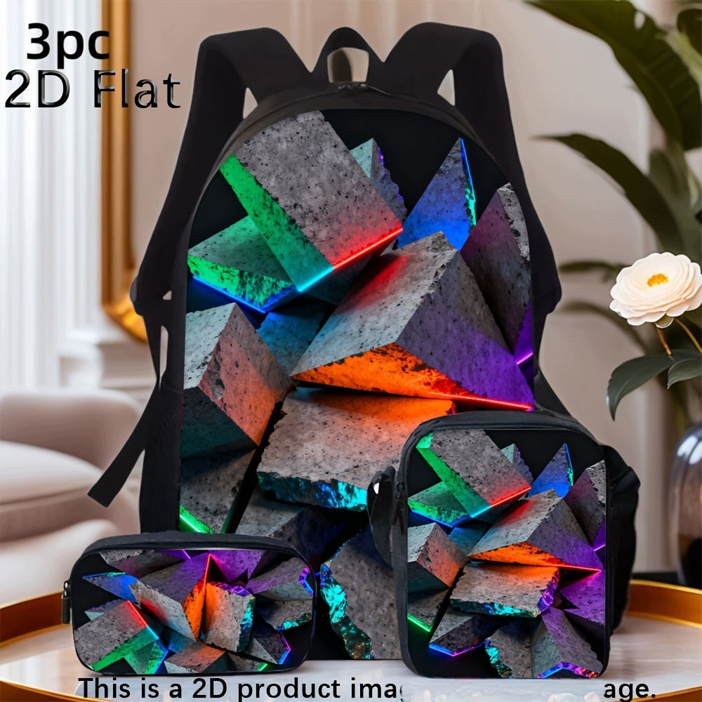 3-Piece Backpack Set - Colorful Neon Geometric Stone Pattern Print Bag Set