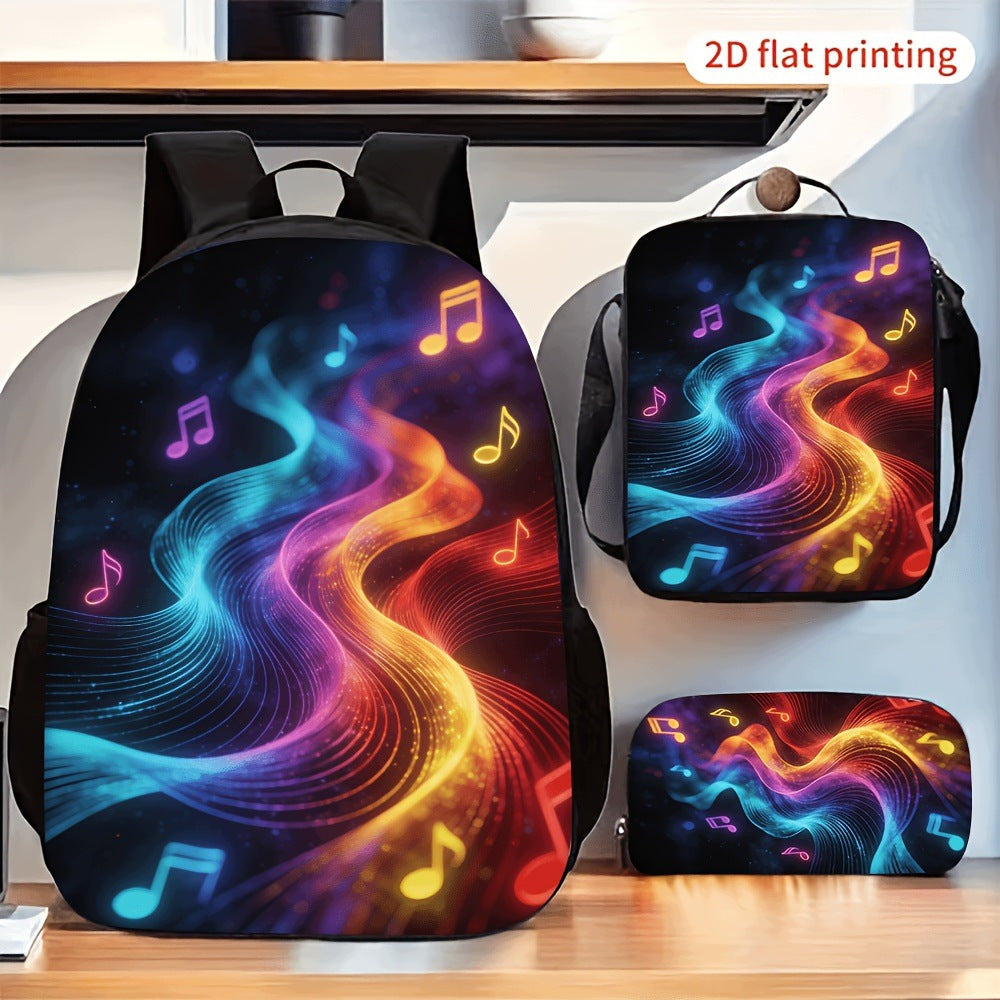 3-Piece Backpack Set: Colorful Neon Music Note Gradient Wavy Print