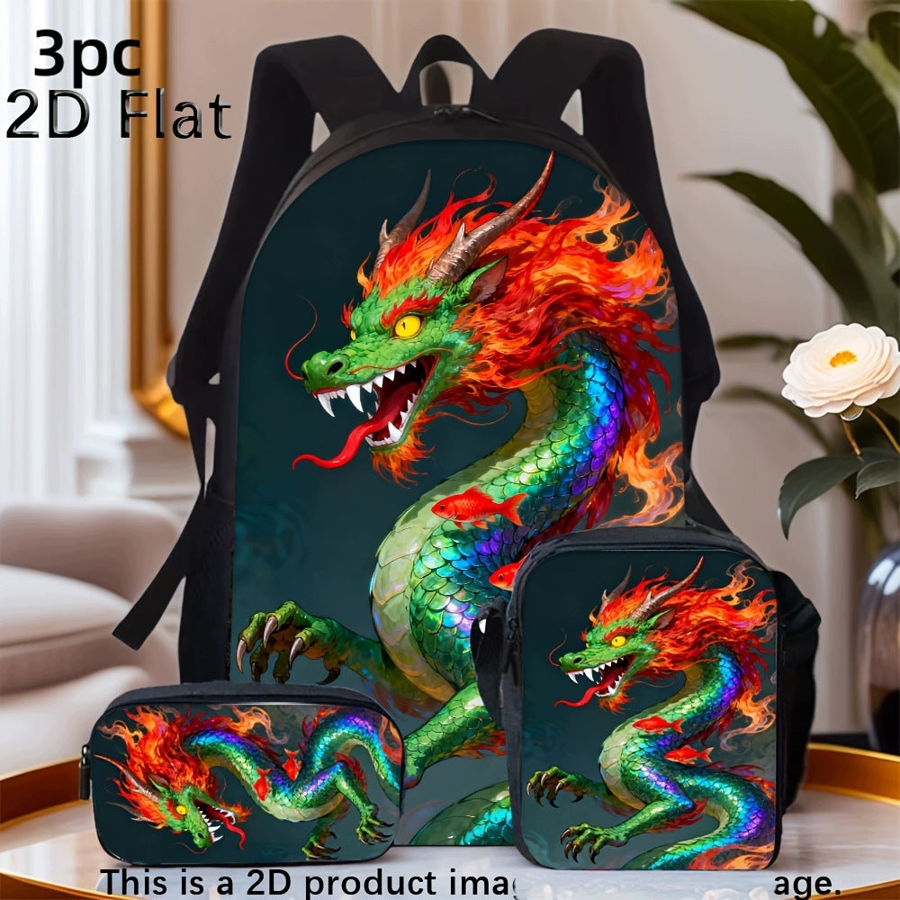 3-Piece Backpack Set: Cool, Colorful Flame Dragon Print, Trendy Pattern Backpack