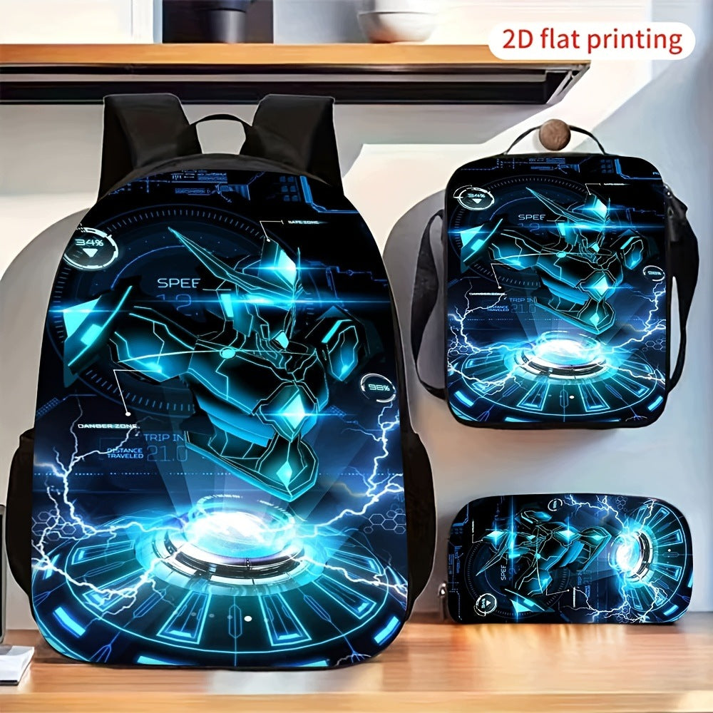 3-Piece Backpack Set: Cool Glowing Blue Mecha Robot Pattern (2D Flat Print)