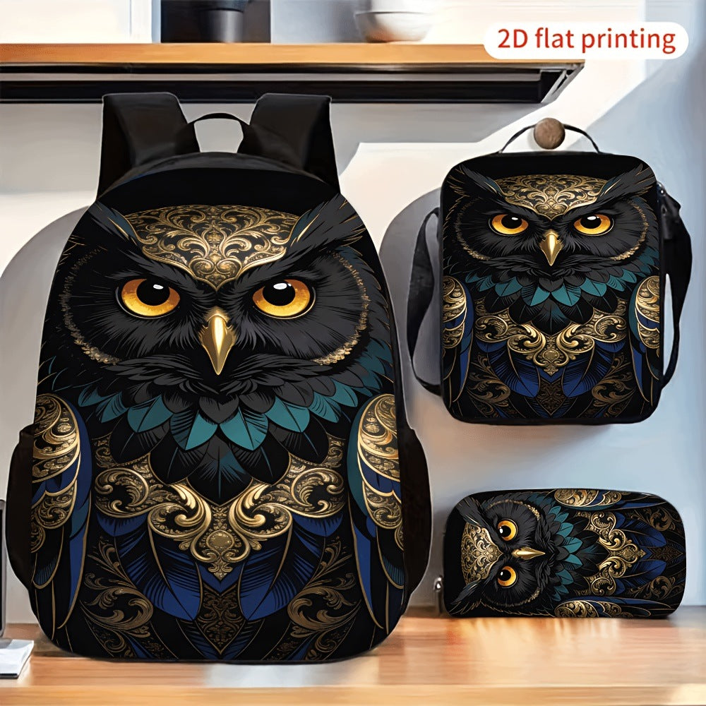 3-Piece Backpack Set: Golden Owl Print, Casual Lunch Bag, Pencil Case