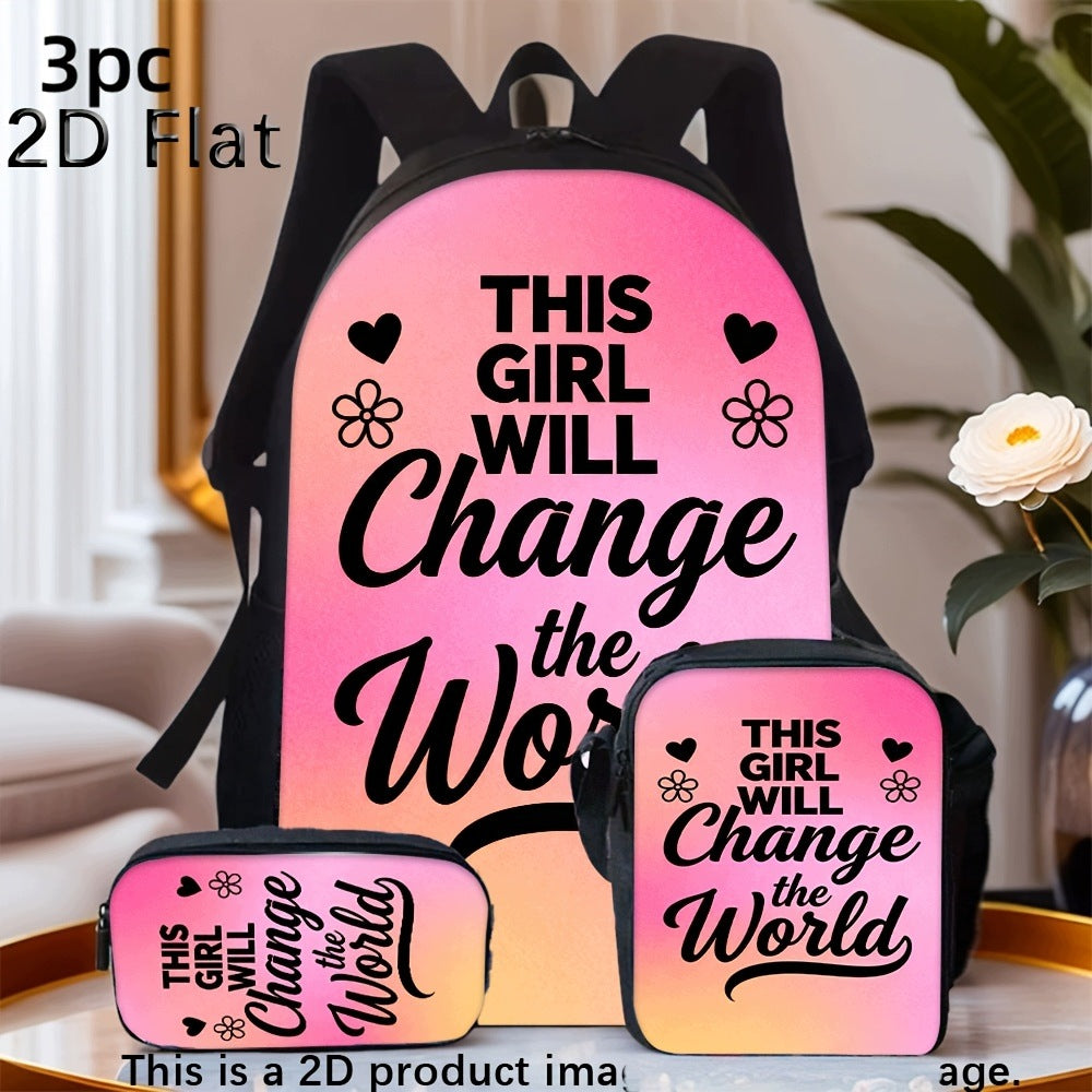 3-Piece Backpack Set, Gradient Print, Text Pattern, Trendy, For Daily Use