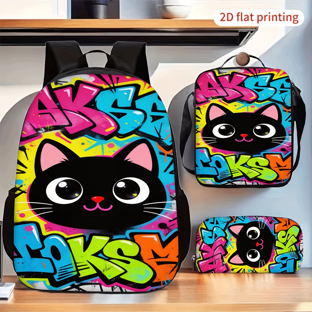 3-Piece Backpack Set: Graffiti Black Cat Print, Lunch Bag, Trendy
