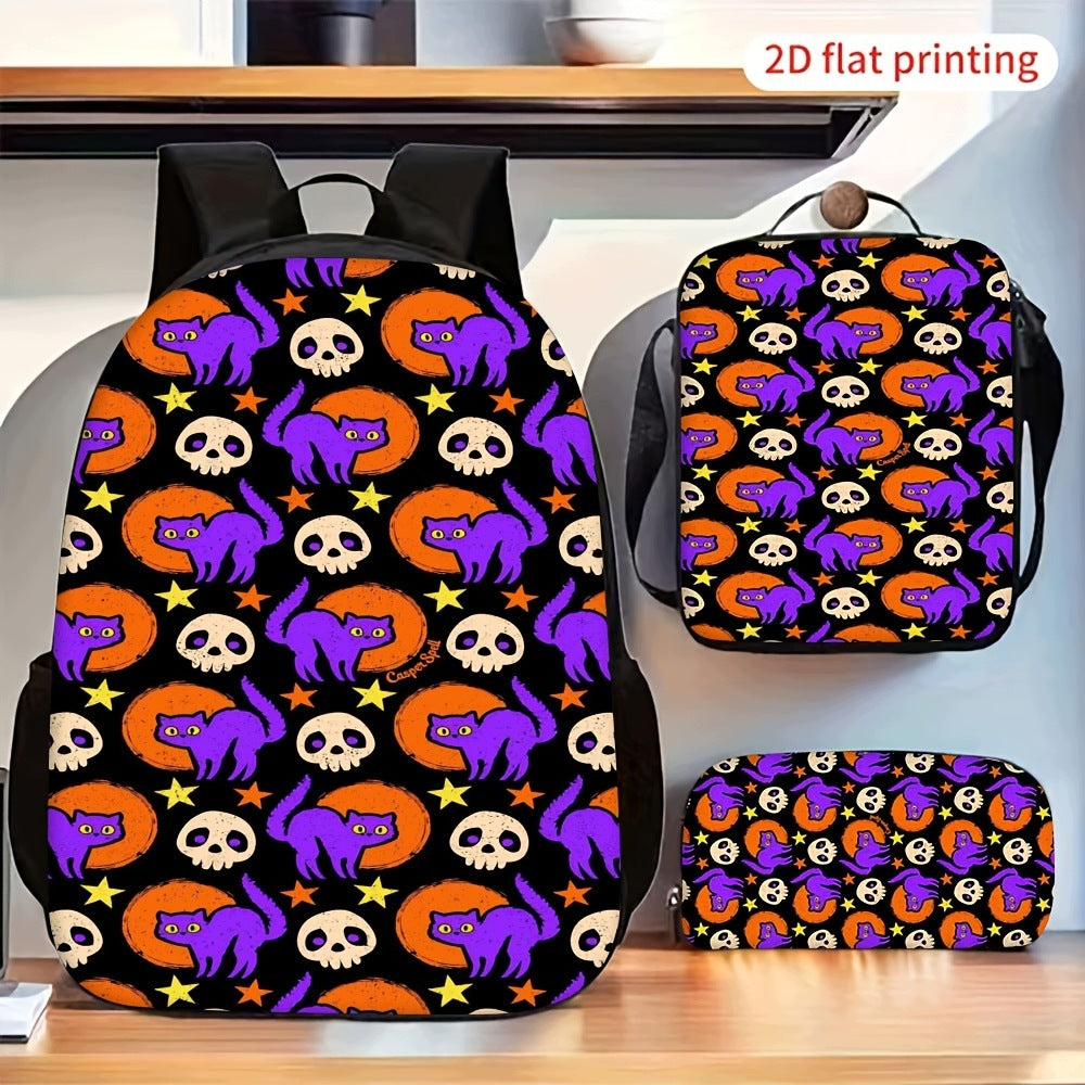3-Piece Backpack Set: Halloween Cat Skull Star Pattern Crossbody Bag