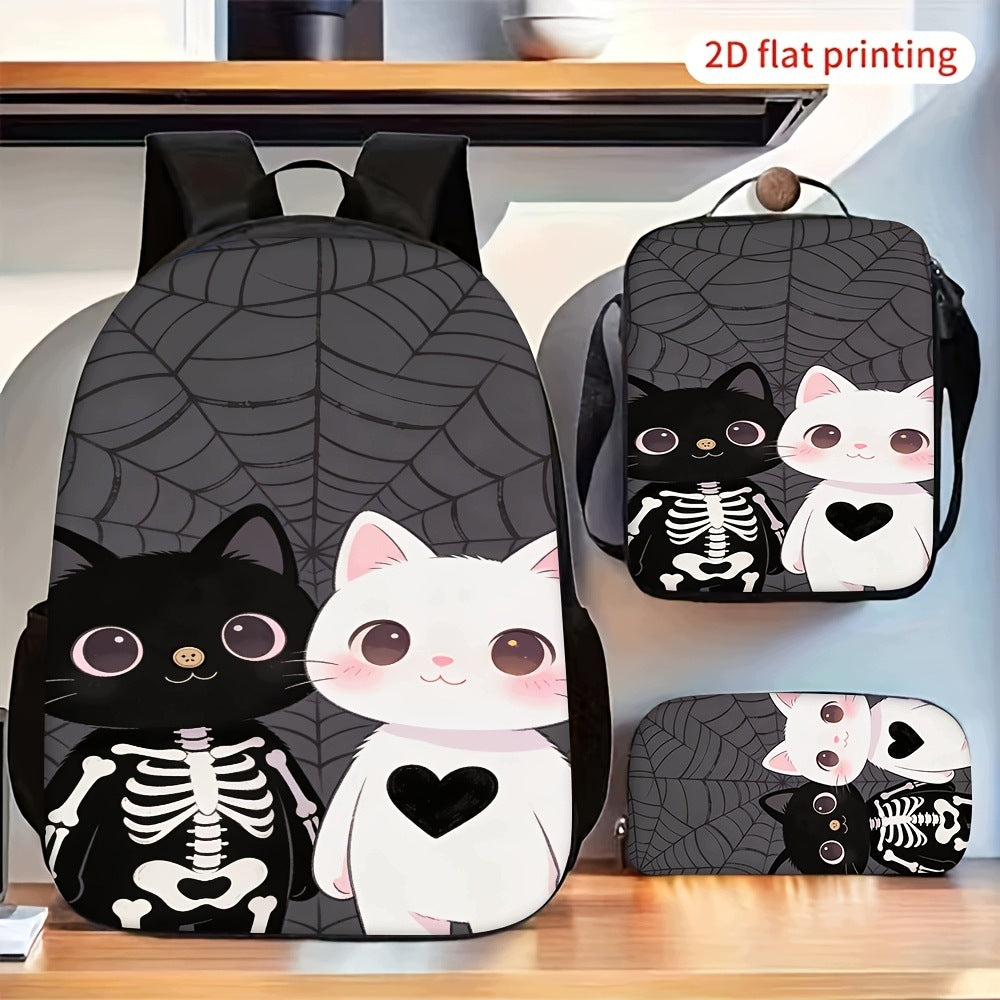 3-Piece Backpack Set: Halloween Cute Black & White Cat Skeleton Print